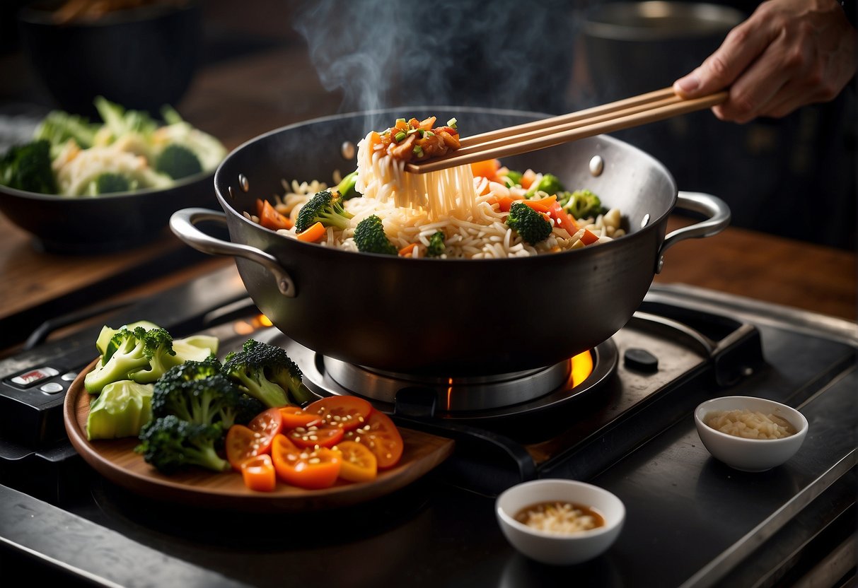 A wok sizzles with stir-fried vegetables and tofu. A chef adds soy sauce and spices to a steaming pot of fluffy brown rice
