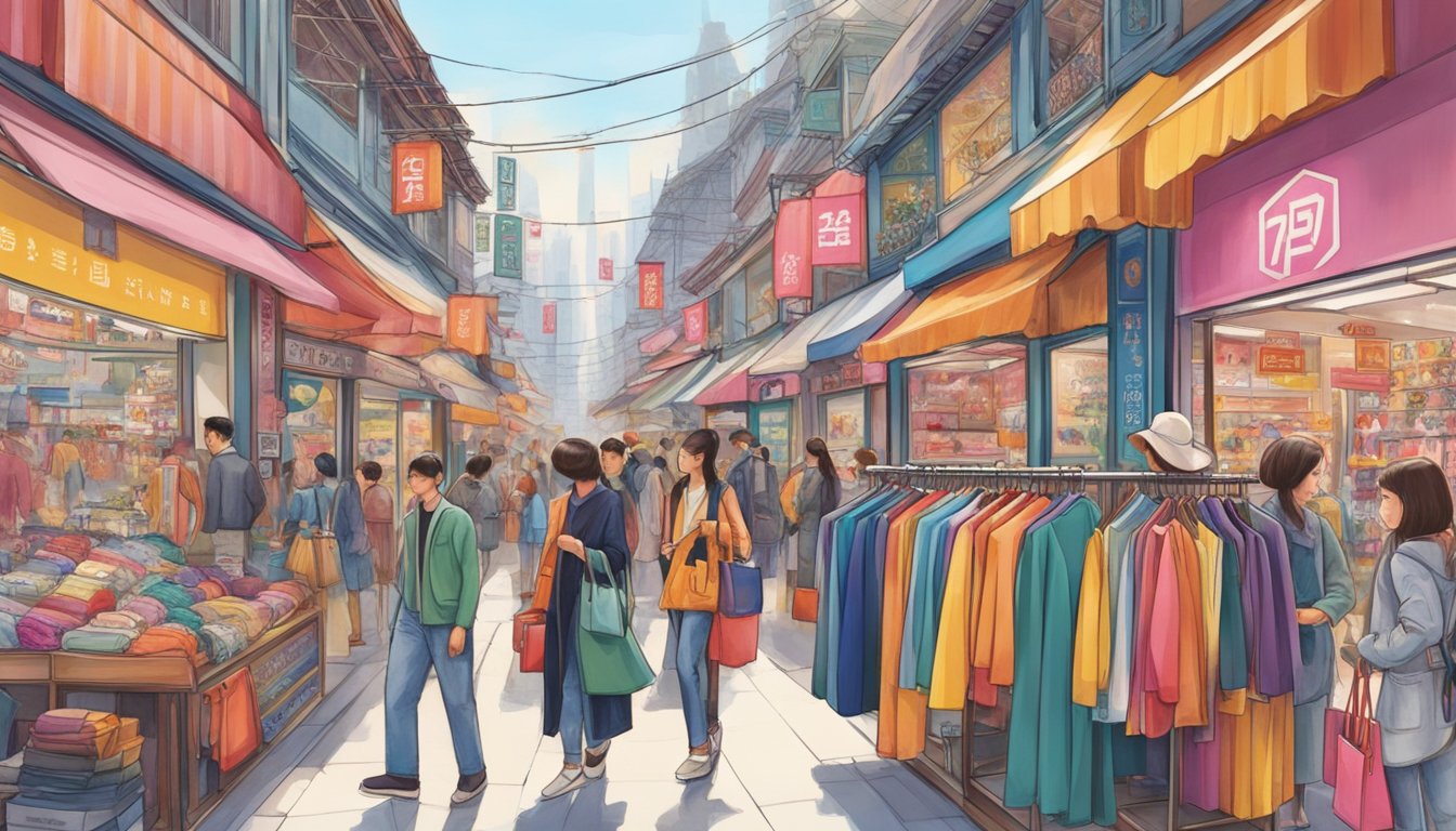 American fashion logos displayed in a bustling Chinese market. Brightly colored storefronts showcase popular U.S. clothing brands, drawing in a diverse crowd of shoppers