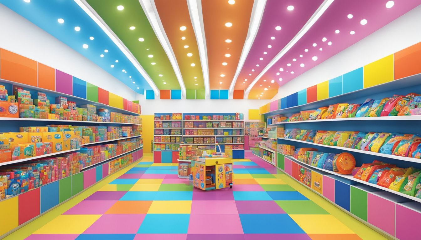 Colorful logos of popular kids brands fill a vibrant toy store display