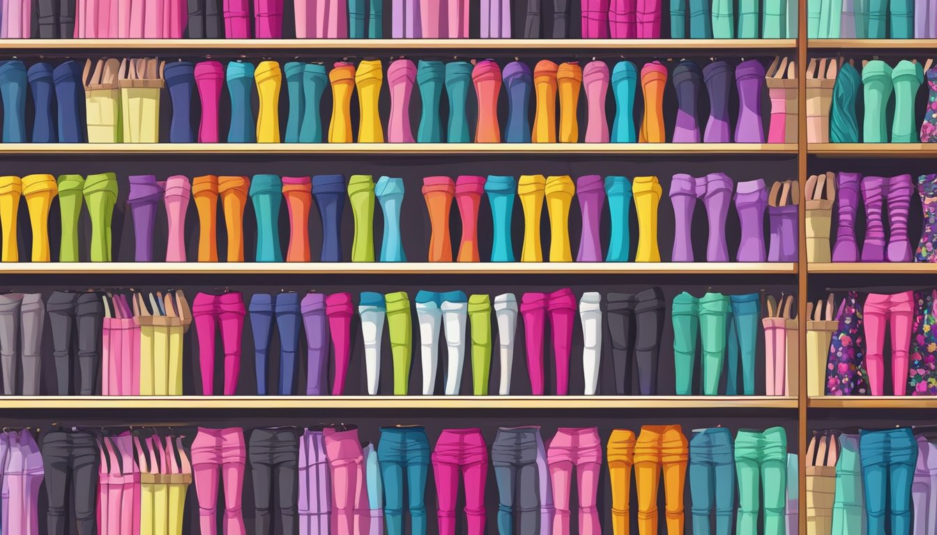 A colorful array of leggings displayed on shelves, with various patterns and styles for different occasions