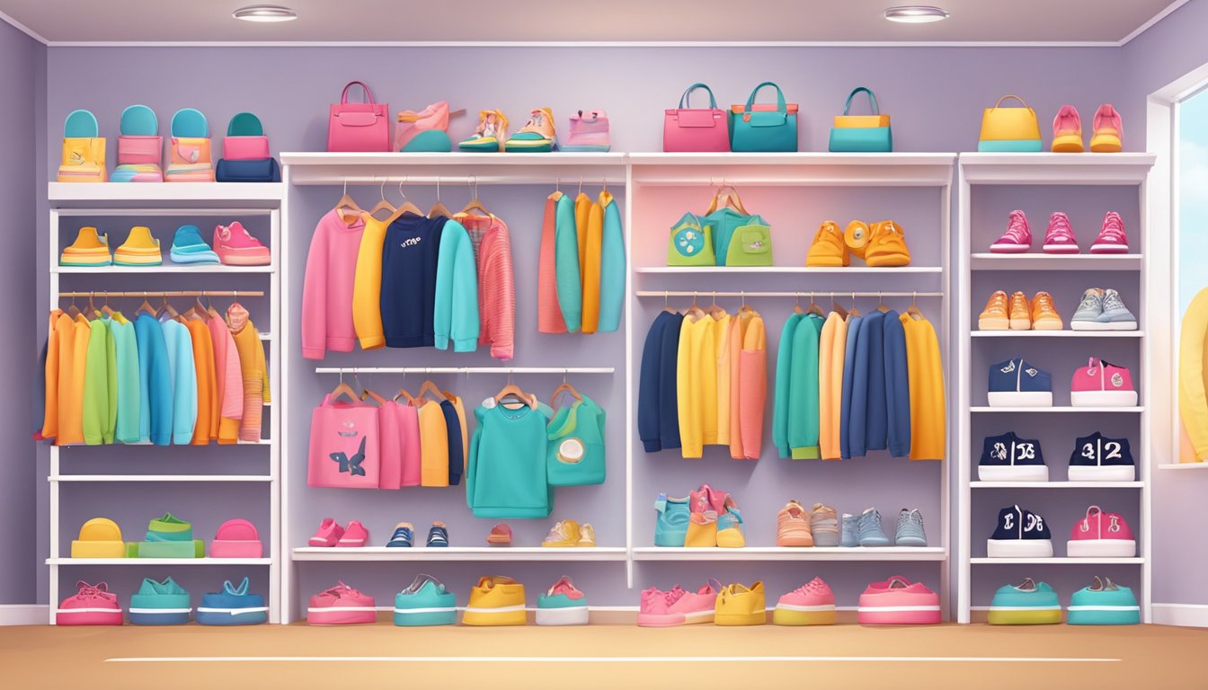 Colorful display of popular kids fashion brands on shelves and racks in a trendy boutique