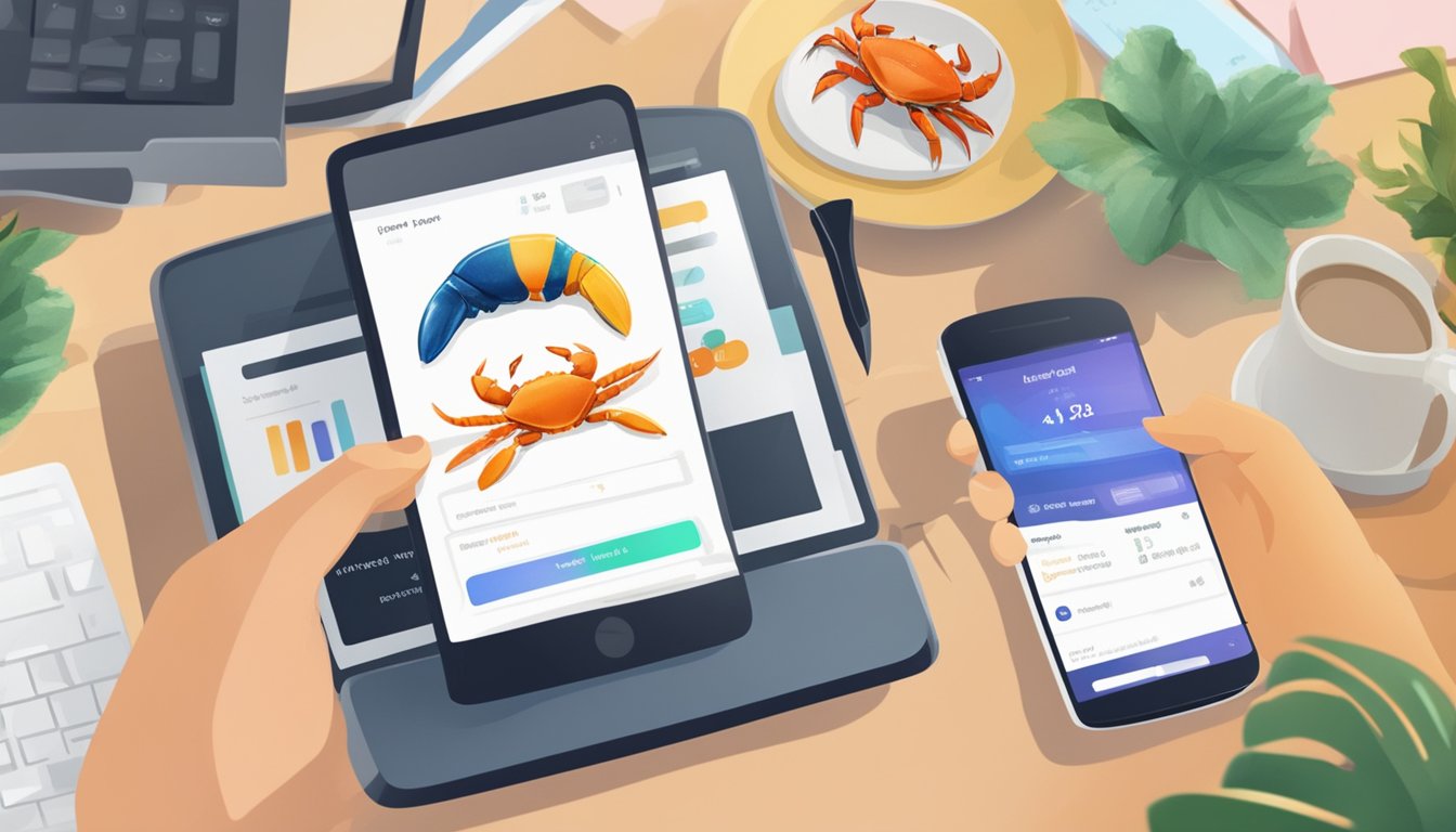 Crab claws displayed on a digital device, with a "buy now" button and various payment options