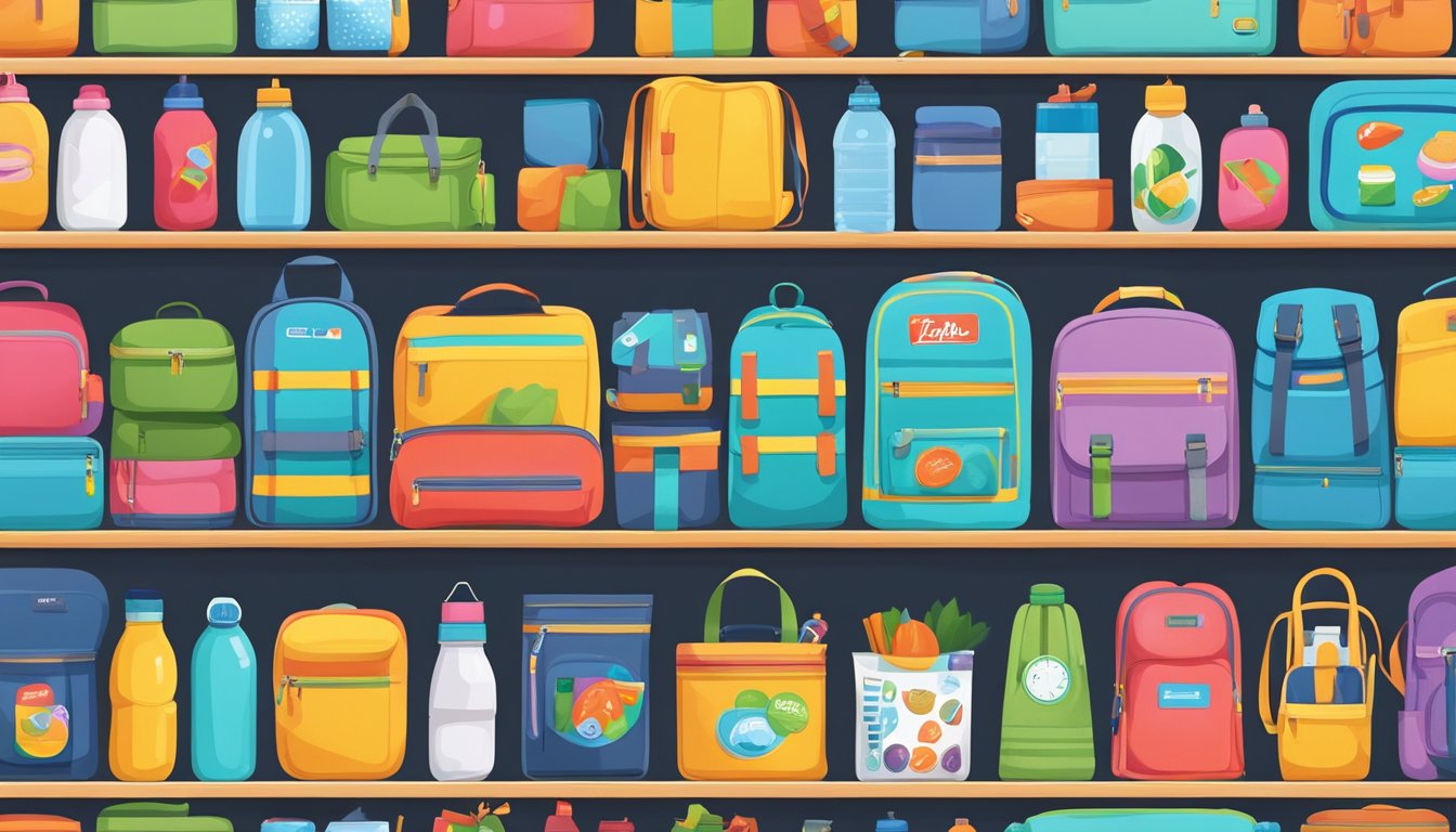 A colorful display of popular kids' brands' essentials, including backpacks, lunch boxes, water bottles, and stationary, arranged neatly on shelves
