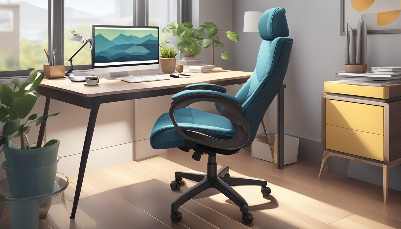 A comfortable computer chair in a well-lit home office with a sturdy desk and ergonomic design