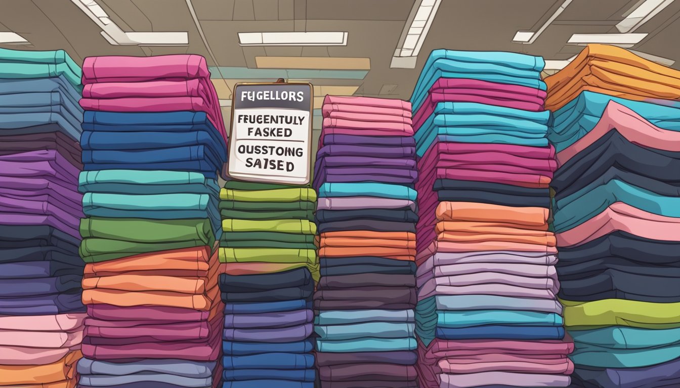 A stack of colorful leggings with a "Frequently Asked Questions" sign in a bustling Singapore market