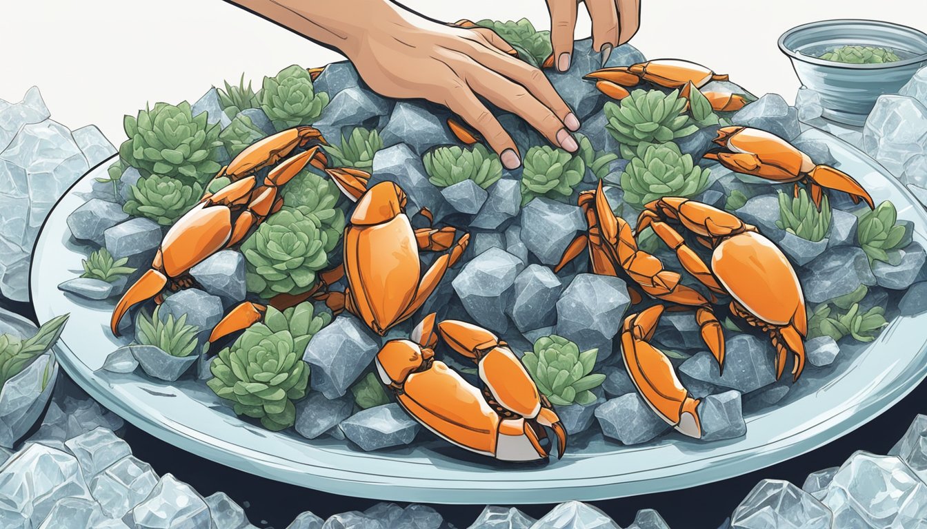 A hand reaches into a pile of crab claws, carefully selecting the largest and most succulent ones. The claws are arranged neatly on a bed of ice, ready to be shipped to eager customers