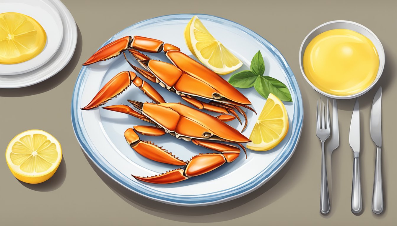 A table set with a plate of fresh crab claws, a lemon wedge, and a small dish of melted butter. A seafood cracker and a pick sit beside the plate