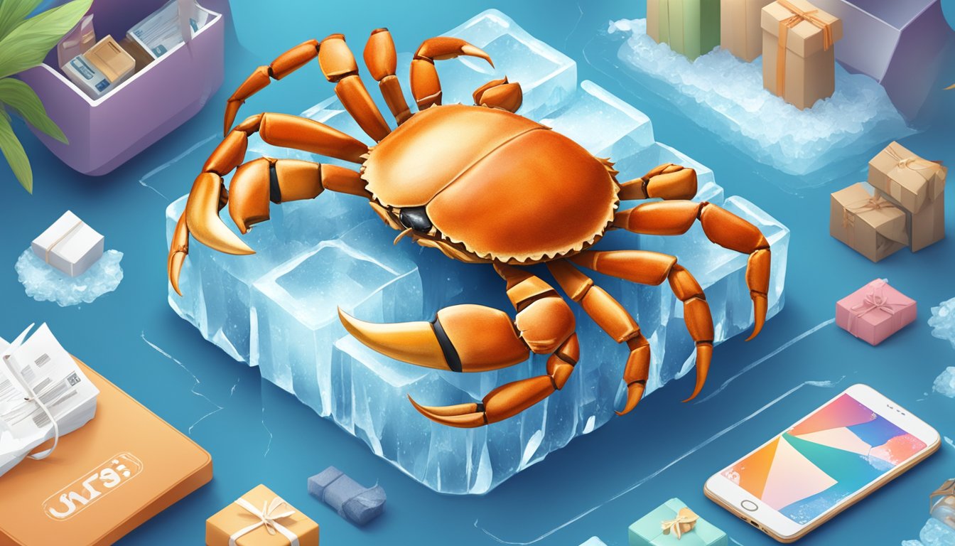 A crab with large claws sits on a bed of ice, surrounded by online shopping icons and a "Frequently Asked Questions" banner