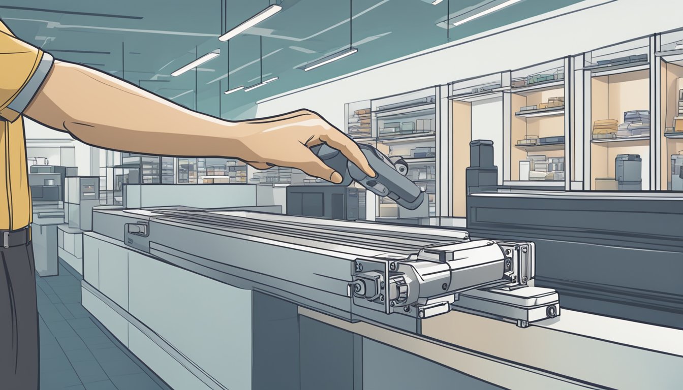 A hand reaching out to purchase a linear actuator in a Singaporean store