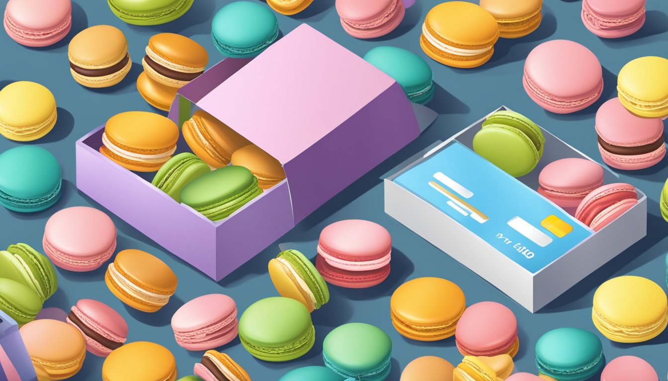 Colorful macarons arranged in a box, with a computer and credit card nearby for online purchase