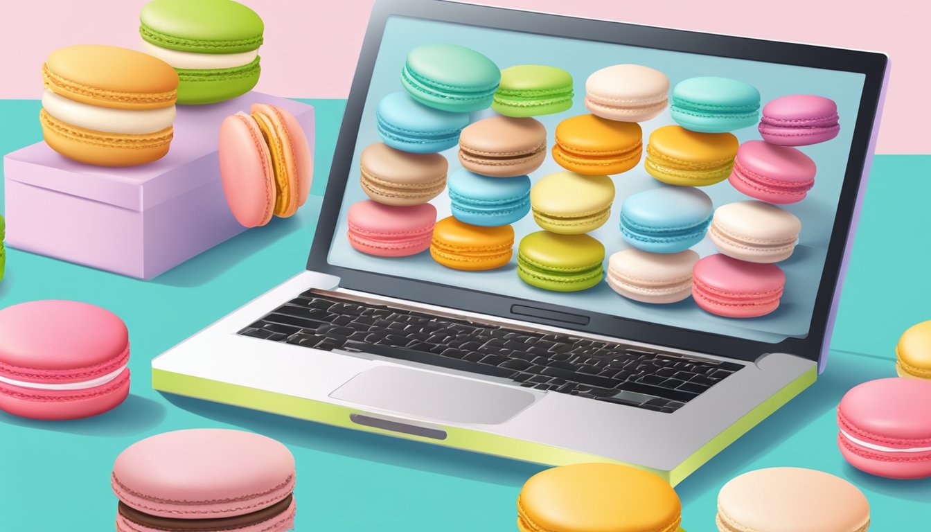 Colorful macarons arranged in a decorative box with a computer screen in the background showing an online macaron shop