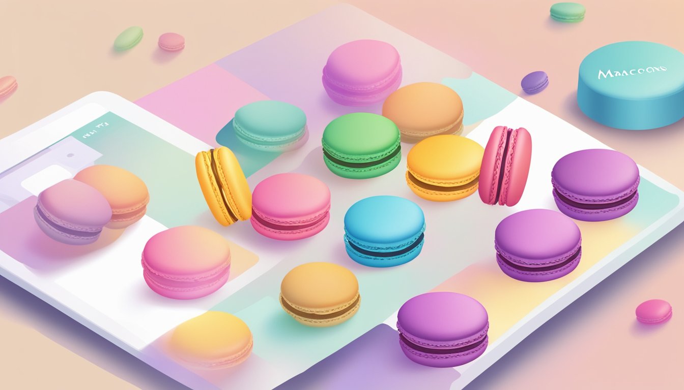 A hand reaches for a colorful box of macarons on a sleek, modern website. A "buy now" button is prominently displayed, making ordering easy