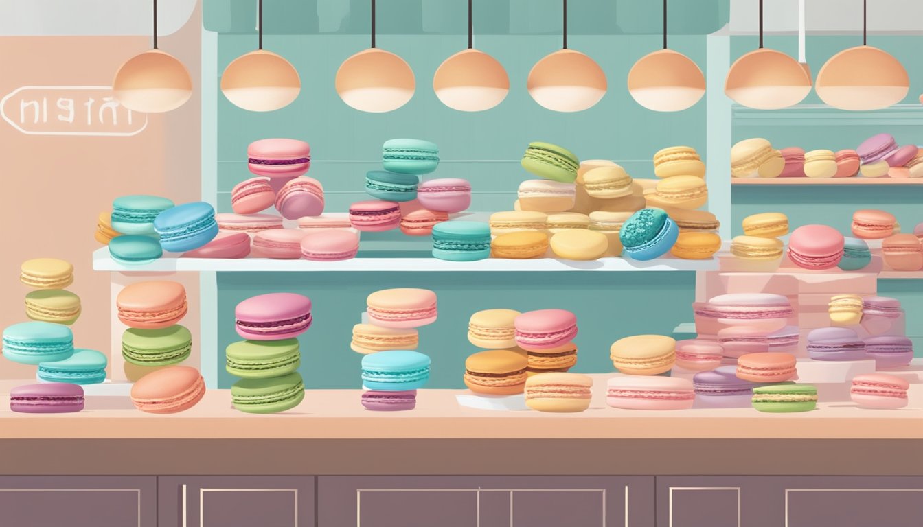 A colorful display of macarons arranged on a clean, modern counter with a sign reading "Frequently Asked Questions: buy macarons online."