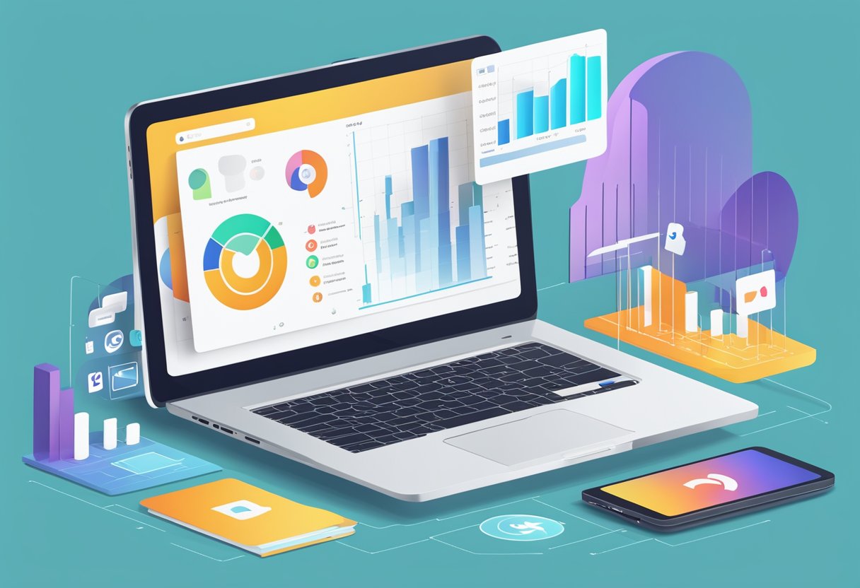 A laptop with social media icons open on the screen, surrounded by charts and graphs showing engagement and reach metrics