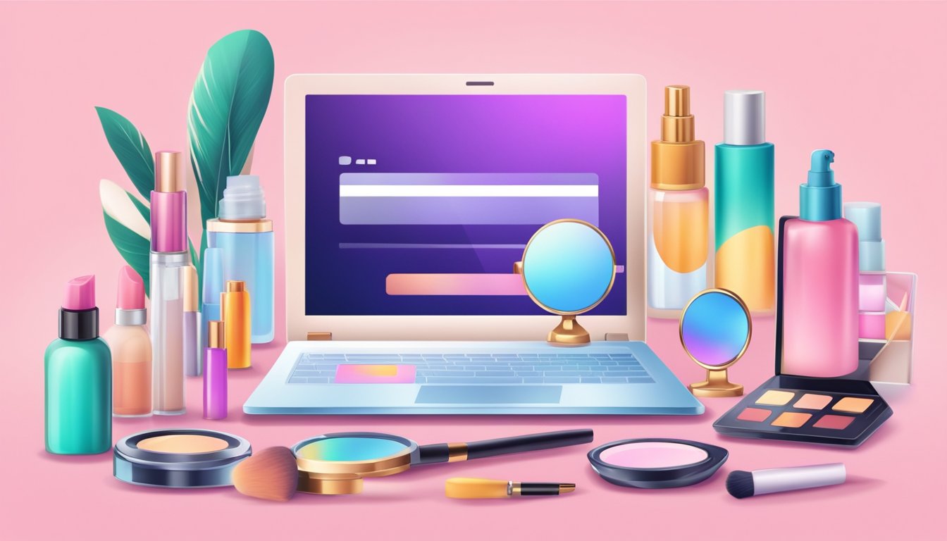 A laptop with a browser open to a makeup mirror online store, surrounded by various cosmetic products and a credit card