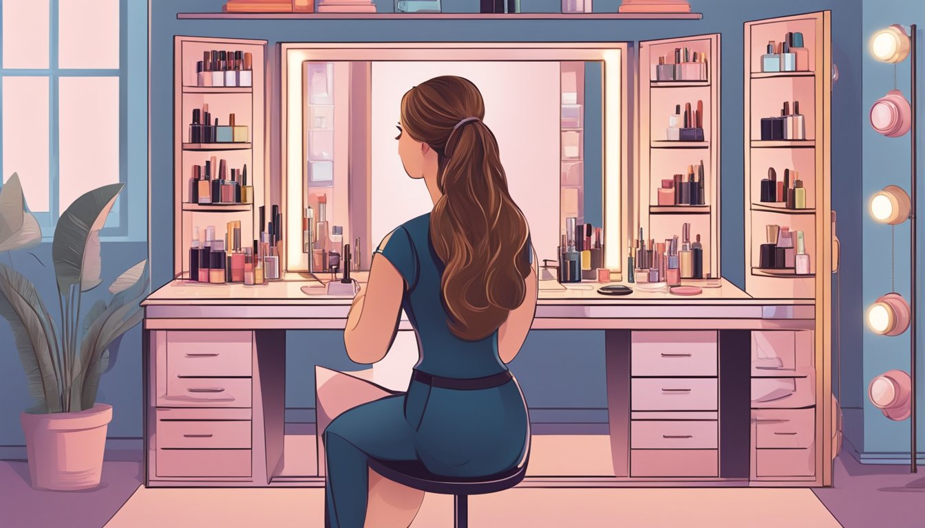A woman sits at a vanity, browsing online for a makeup mirror. Various options are displayed on the screen, with different sizes, shapes, and lighting features