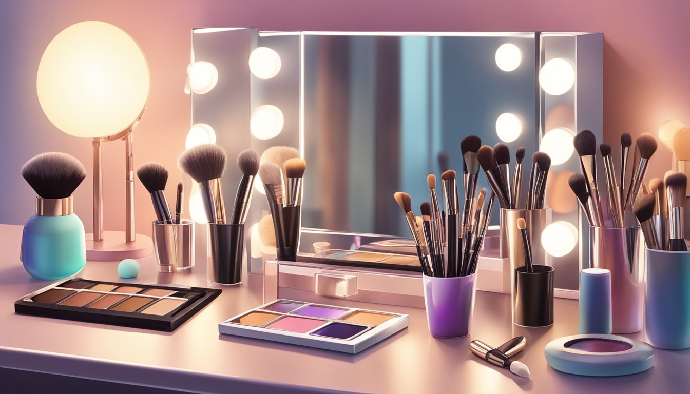 A makeup mirror sits on a vanity, surrounded by various brushes and cosmetics. Soft lighting illuminates the area, creating a warm and inviting atmosphere for enhancing your makeup routine