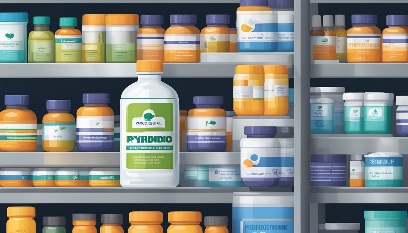 A bottle of pyridostigmine sits on a pharmacy shelf, surrounded by other medications. The label prominently displays the brand name