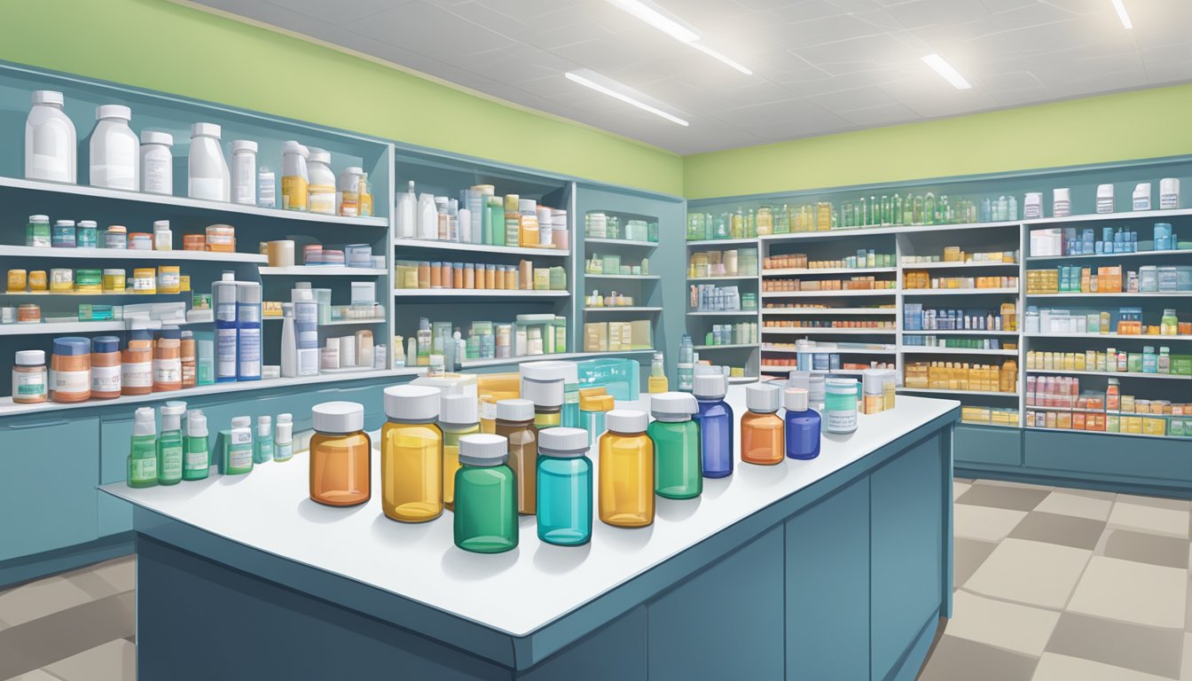 Pyridostigmine bottle on a pharmacy counter, surrounded by other medications