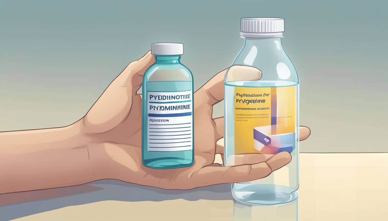A hand reaching for a bottle of pyridostigmine, with a prescription label and a glass of water nearby