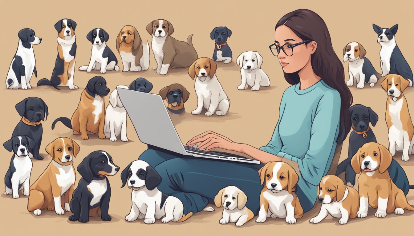 A person scrolling through a variety of puppy profiles online, carefully considering each one before making a decision