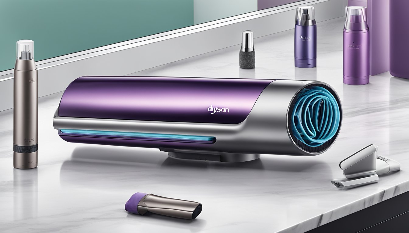 A sleek Dyson Airwrap sits on a marble countertop, surrounded by hair styling products. The device's innovative design and advanced technology are highlighted in the illustration