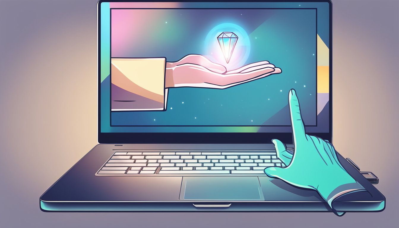 A hand reaches for a glowing crystal pendant on a laptop screen. The "buy now" button is highlighted