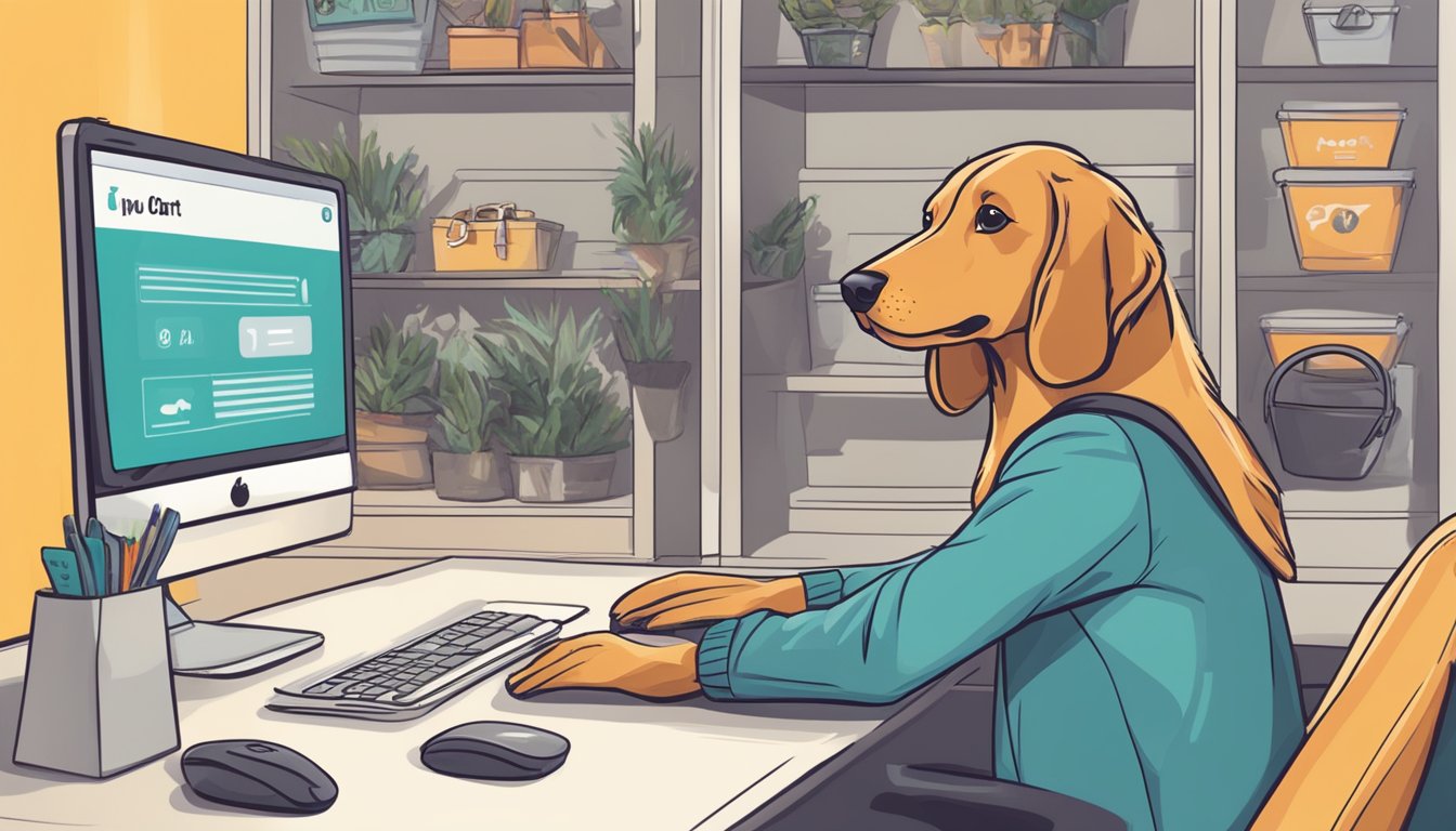 A person clicks "add to cart" for a dog online. They enter payment info and click "purchase." Confirmation email appears