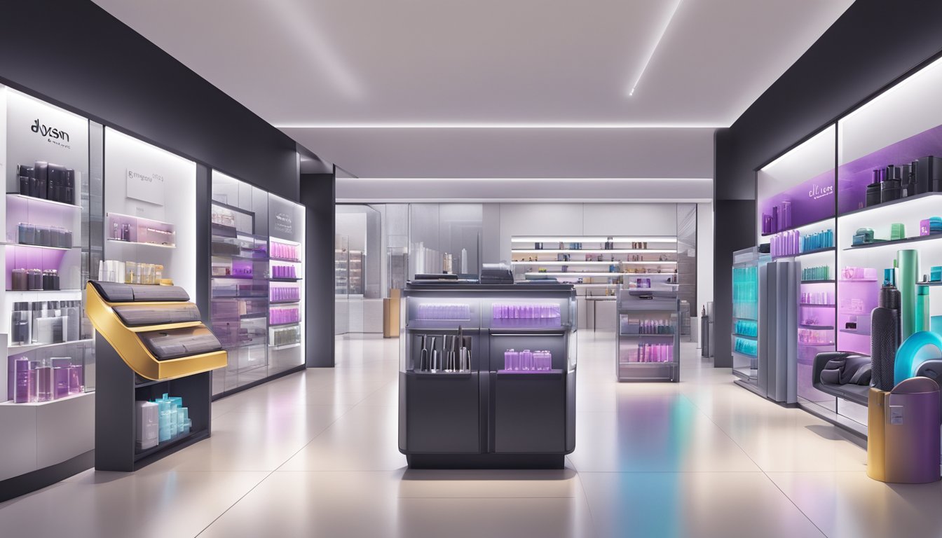 A sleek, modern electronics store in Singapore showcases the Dyson Airwrap on a well-lit display, surrounded by other high-end hair styling products