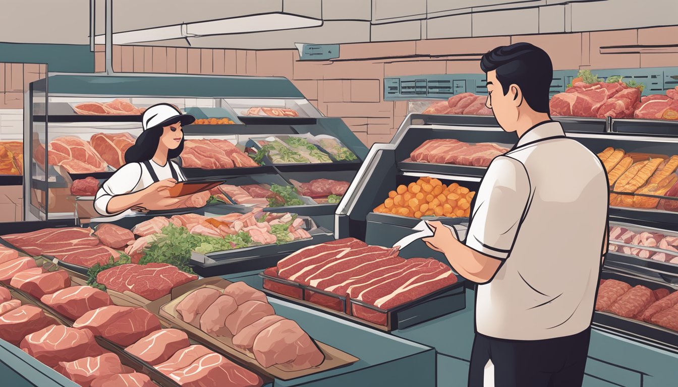 Customers ordering meat online in bulk, browsing through FAQs, with various cuts and packaging options displayed