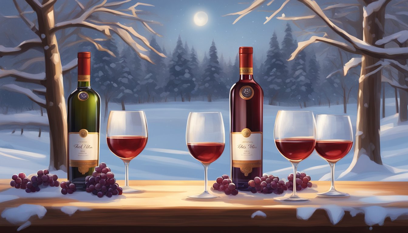 A table with three bottles of red ice wine, each with distinct branding, set against a snowy backdrop with a hint of warm light