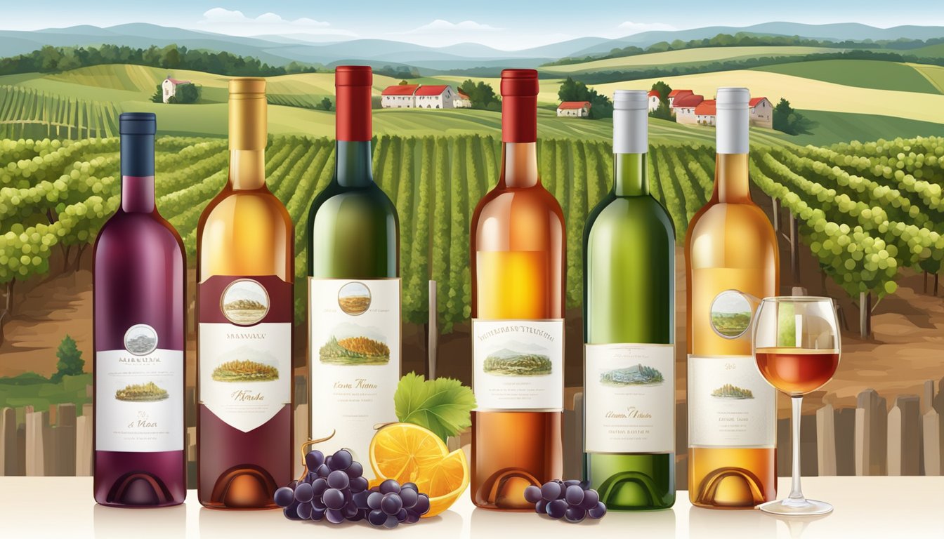 A table with various bottles of red ice wine, each labeled with different brands and varieties, surrounded by vineyard landscapes