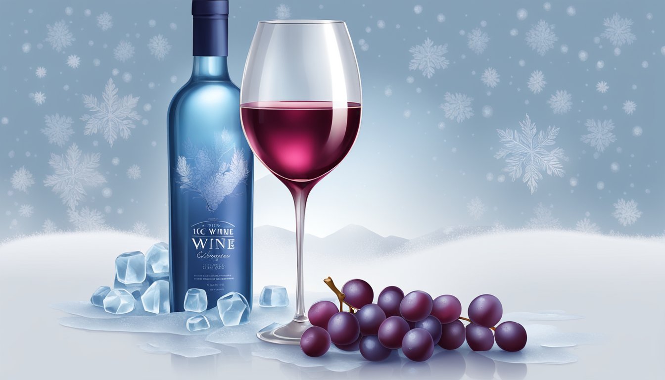 A bottle of Ice Wine Experience red ice wine surrounded by frozen grapes and a glistening ice wine glass