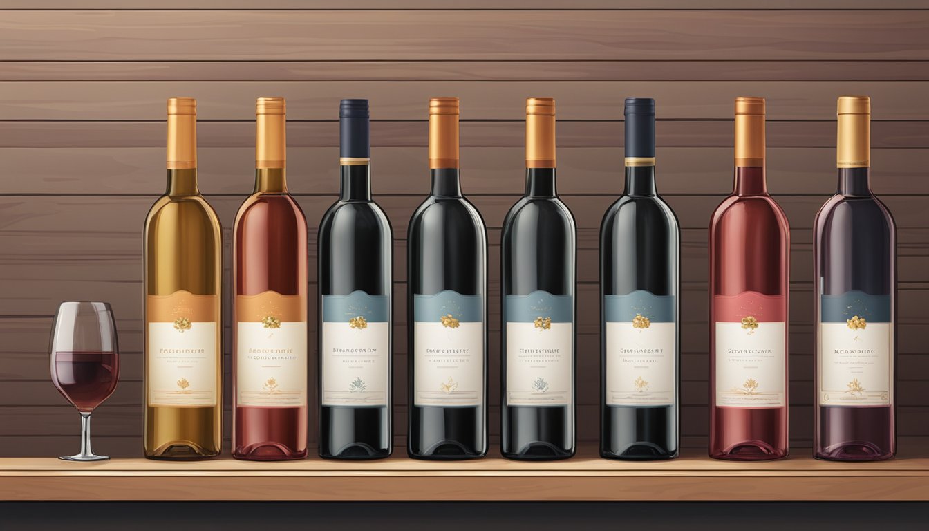 A row of red ice wine bottles displayed on a shelf with a "Frequently Asked Questions" sign above