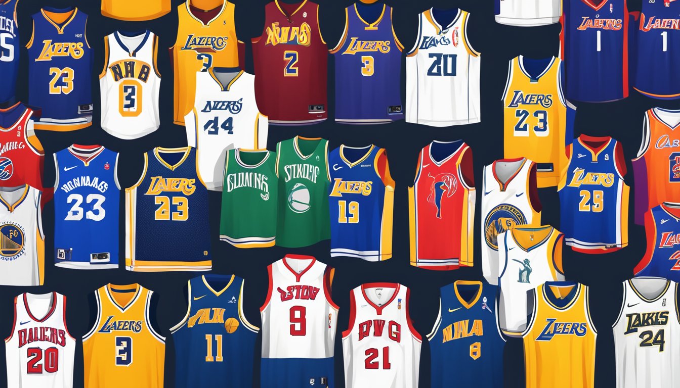 A computer screen displaying a variety of NBA jerseys, with a "buy now" button highlighted on the website