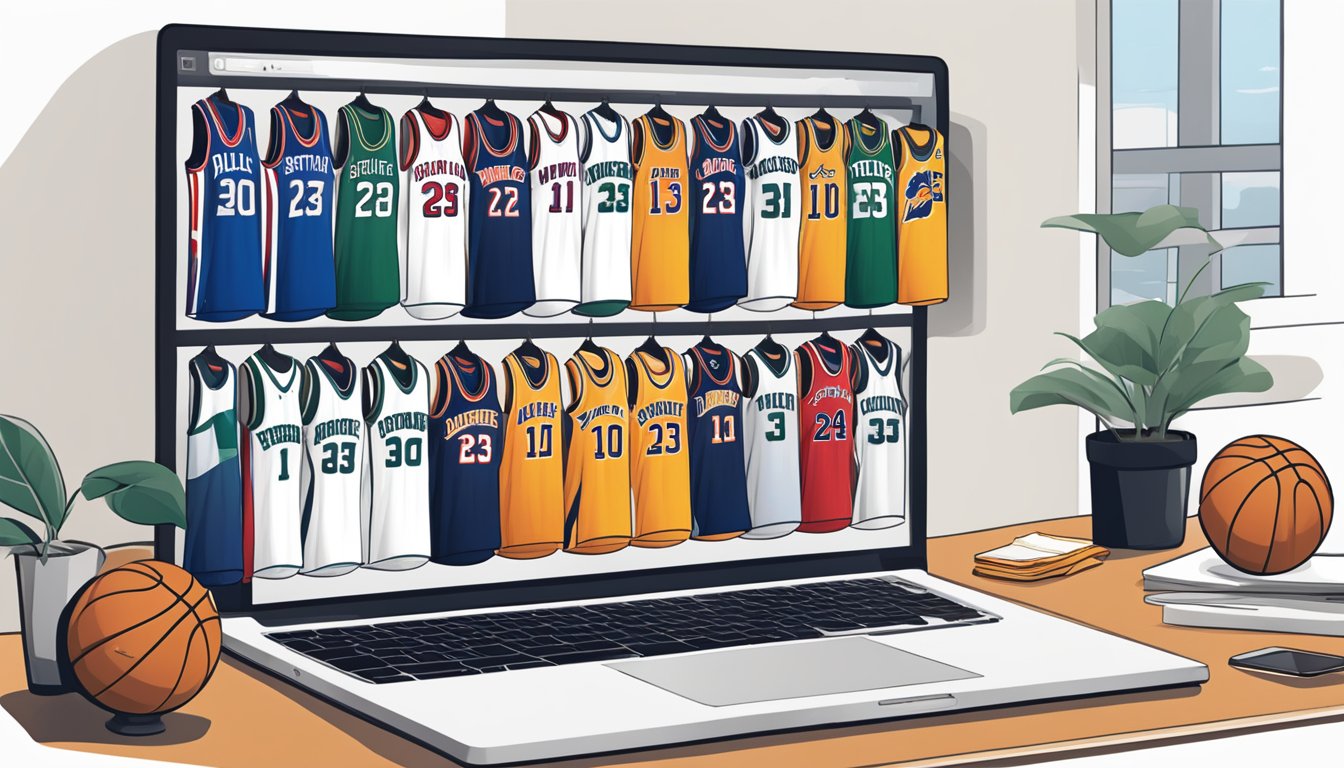A basketball fan browsing through a variety of NBA jerseys online, carefully selecting the perfect one to add to their collection