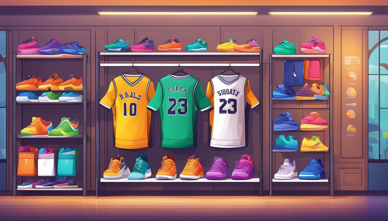 A basketball jersey hangs on a sleek display rack, surrounded by colorful accessories and sneakers. The background features a vibrant sports store with shelves of merchandise
