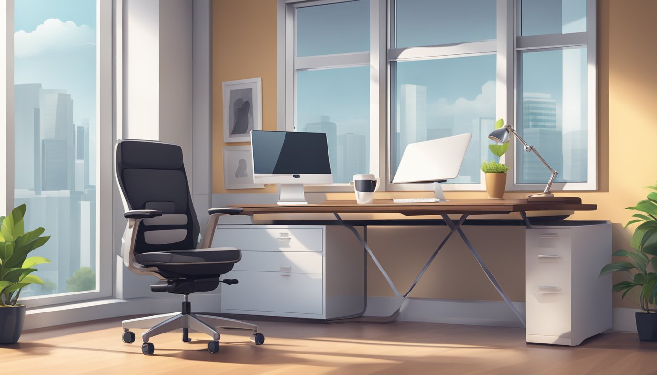 A computer desk with a sleek, ergonomic office chair in front. A laptop and a cup of coffee on the desk. A window with natural light in the background