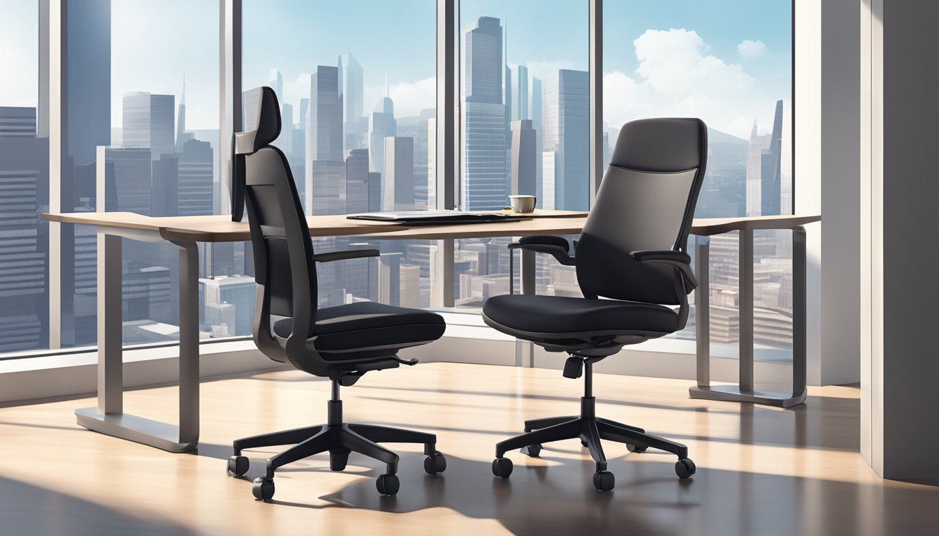 A sleek, modern office chair with adjustable lumbar support and padded armrests sits in front of a sleek desk. The chair is positioned in a well-lit office space with a large window overlooking a city skyline