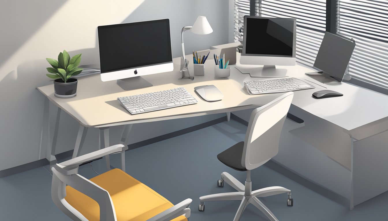 A sleek, modern office setting with a comfortable ergonomic chair highlighted as the focal point. A computer desk, keyboard, and mouse are also present, creating a professional work environment