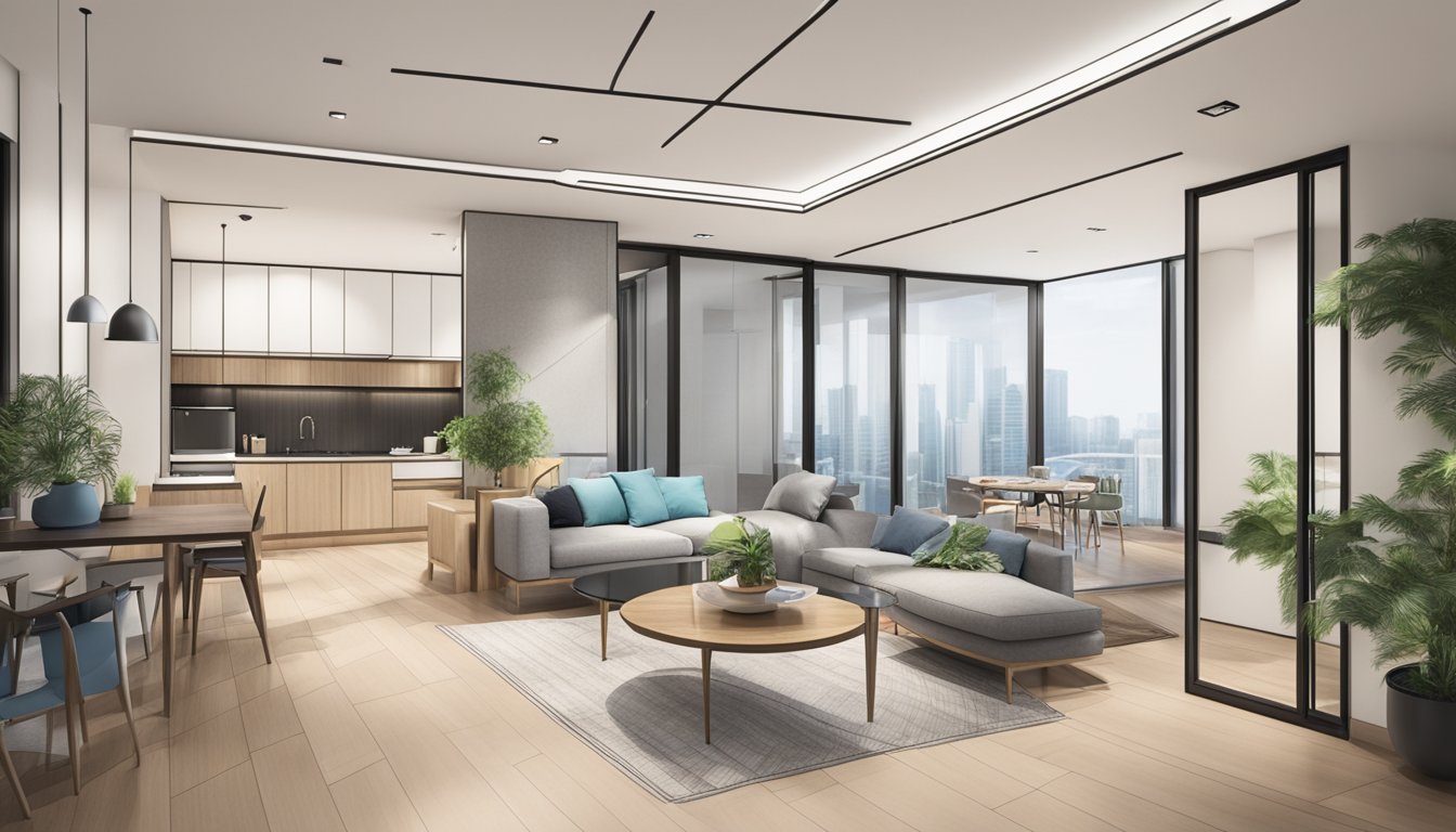 A real estate agent presents a detailed floor plan of a modern Singaporean apartment, showcasing its layout and features