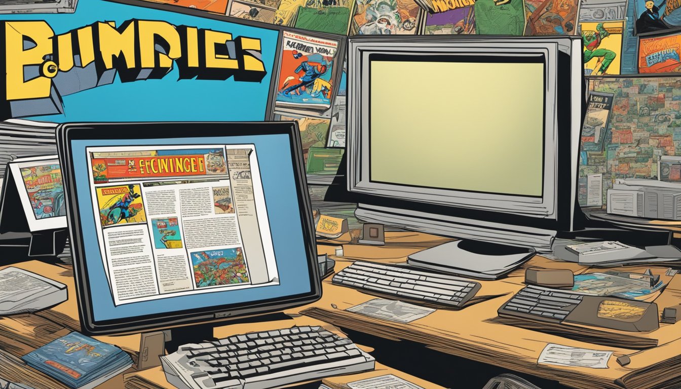 A computer screen shows a vintage comic book website. A cursor clicks on a "buy" button. Various comic book covers are displayed