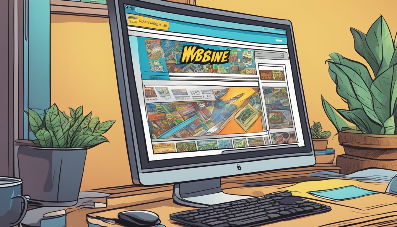 A computer screen displaying a website with old comic books for sale. A hand cursor clicking on "add to cart" button