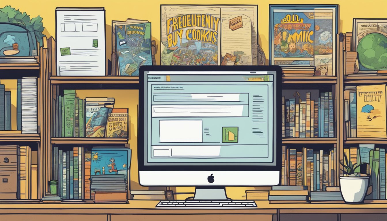 A computer screen displaying a website with the title "Frequently Asked Questions buy old comic books online" with a list of questions and answers below