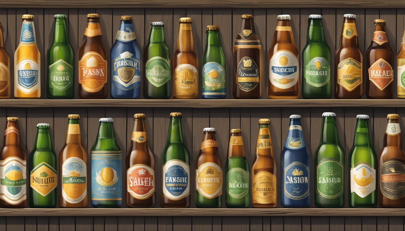 A variety of saison beer bottles and cans are displayed on a rustic wooden shelf, with a backdrop of a brewery or farm setting