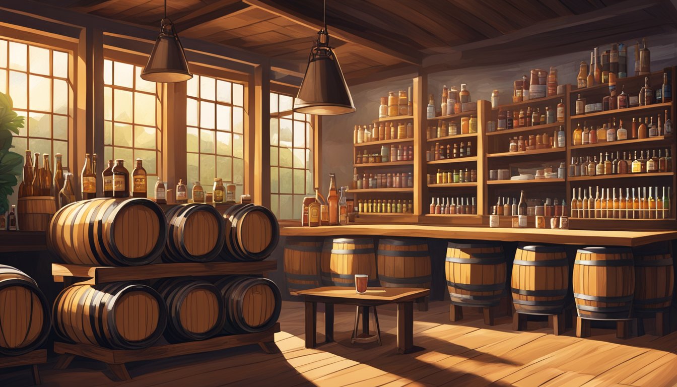 A rustic brewery with shelves of various saison beer brands, wooden barrels, and a chalkboard menu. Sunlight streams through the windows, casting a warm glow on the scene