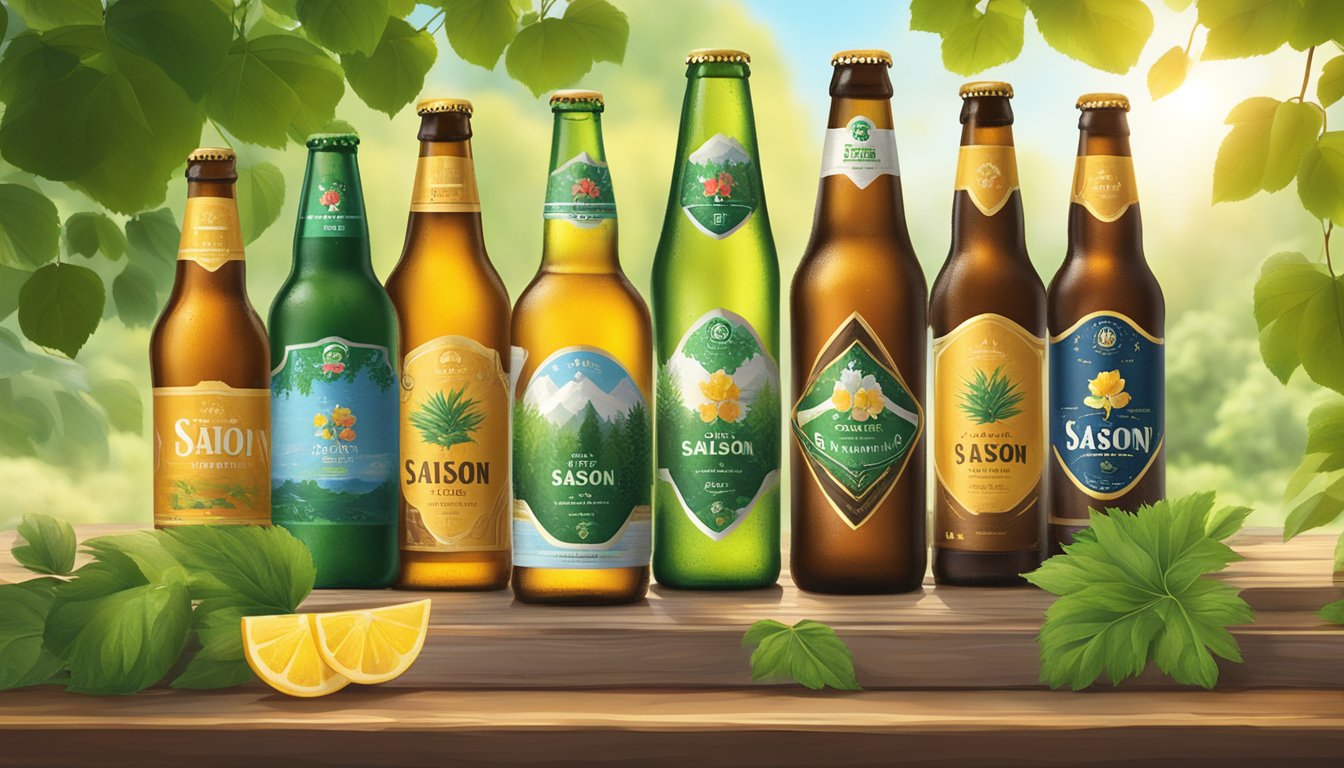 A rustic wooden table adorned with various bottles and glasses of Saison Experience saison beer brands, with a backdrop of lush greenery and warm sunlight filtering through
