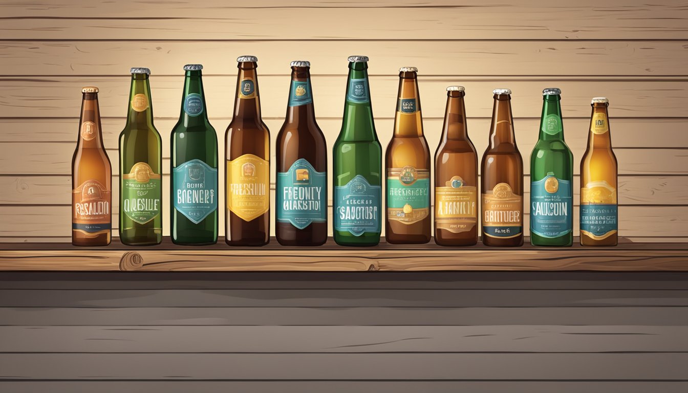 A row of colorful beer bottles with "Frequently Asked Questions saison" labels displayed on a shelf, surrounded by rustic brewery decor
