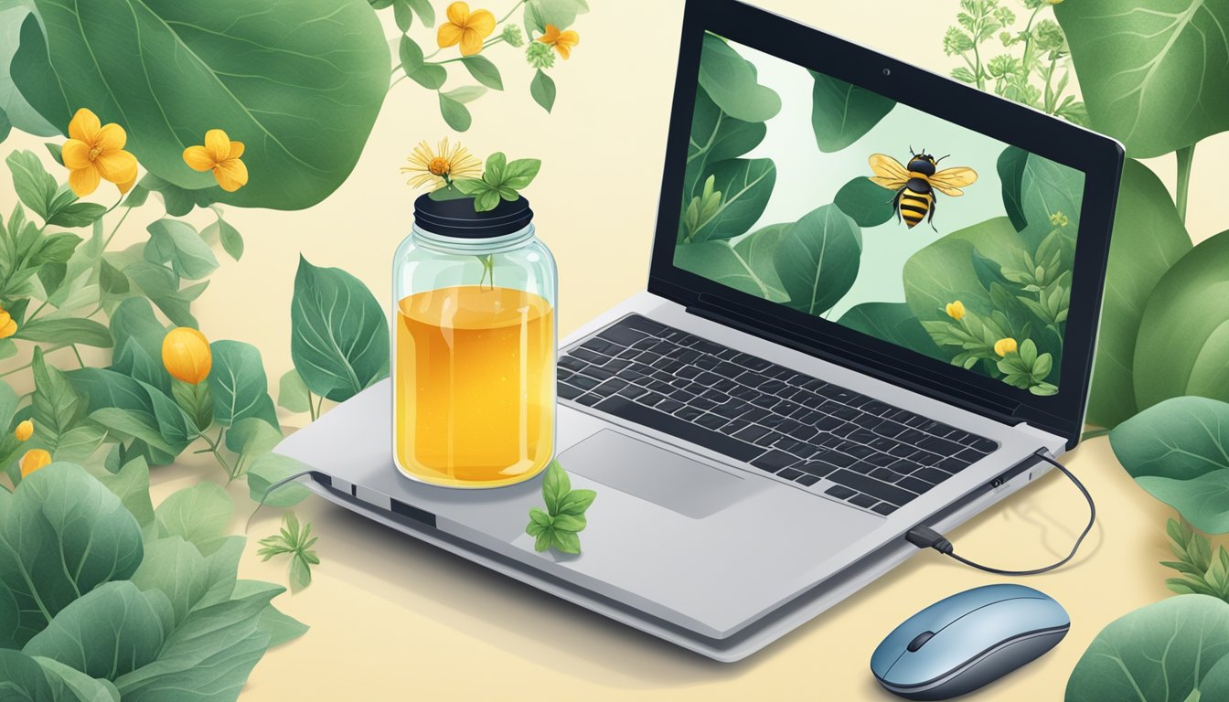 A laptop with a honey jar and a computer mouse, surrounded by leafy green plants and a buzzing bee