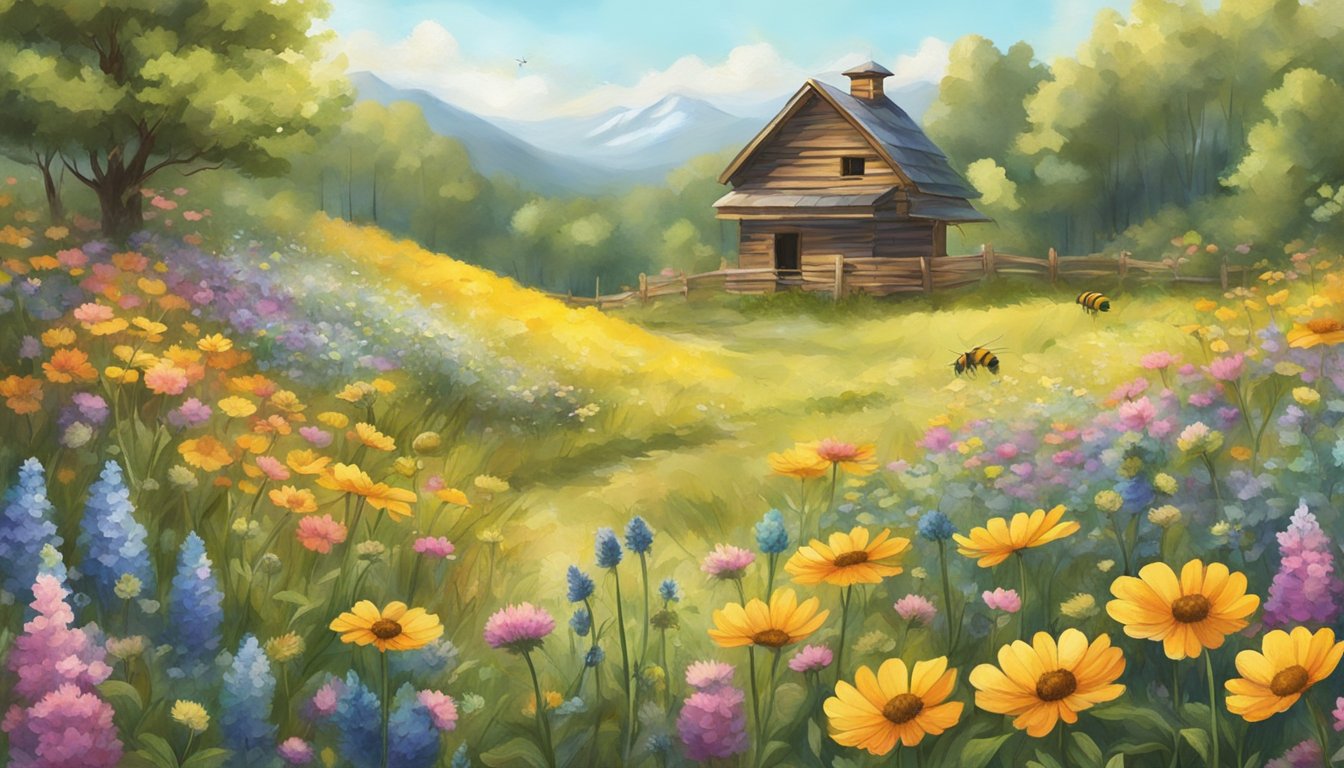 Bees buzzing around colorful wildflowers in a lush, sun-drenched meadow with a rustic beehive nestled among the blooms